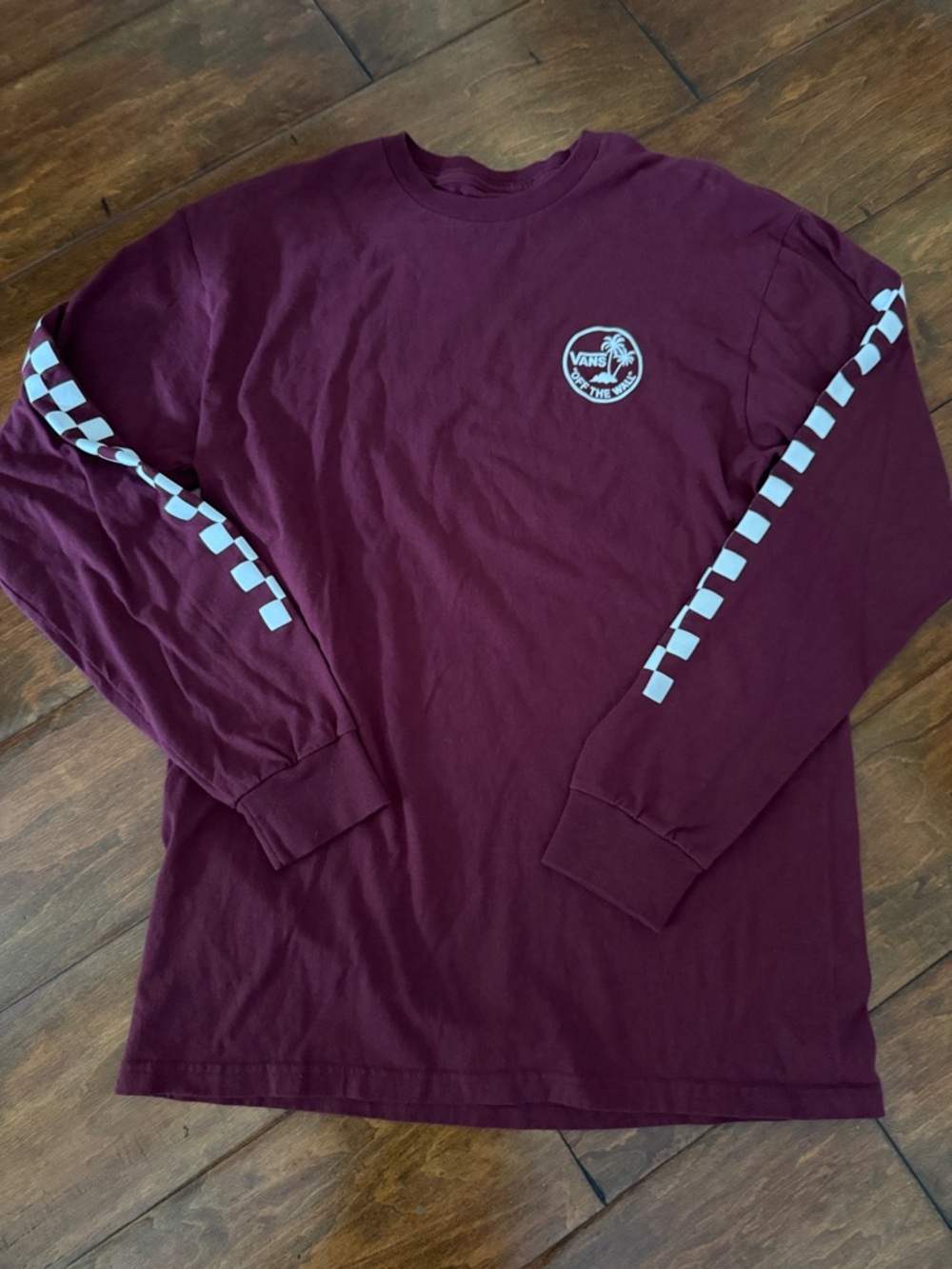 Vans M Maroon Long Sleeve Tee with White Checkerboard Down Arms